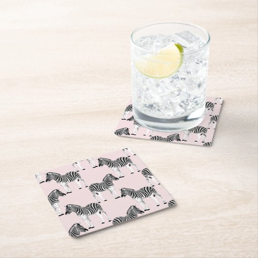 かわいい白黒ゼブラアニマルピンクデザイン スクエアペーパーコースター (インサイチュ)