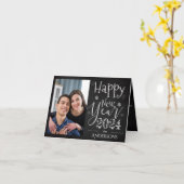 かわいい白黒タイポグラフィハッピーニューイヤー写真 カード (黄色い花)