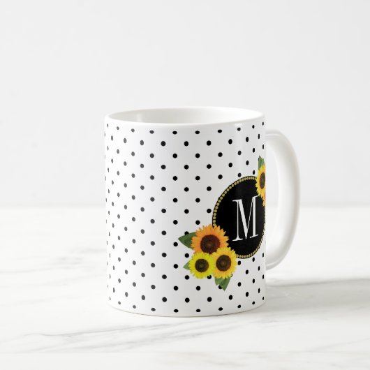 かわいい白黒ドットヴィンテージひまわりモノグラム コーヒーマグカップ (正面右)