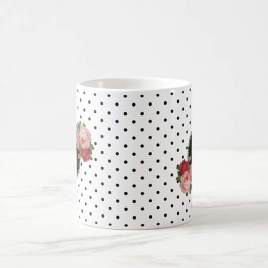 かわいい白黒ドットヴィンテージバラ金ゴールドモノグラム コーヒーマグカップ (中央)
