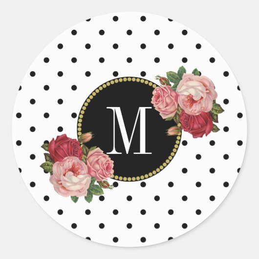 かわいい白黒ドットヴィンテージフローラ金ゴールドモノグラム ラウンドシール (正面)