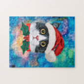 かわいい白黒ネコの休日クリスマスプレゼント ジグソーパズル (横)