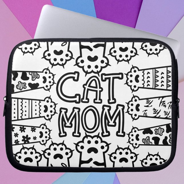 かわいい白黒ネコの母と猫の手足 ラップトップスリーブ (Stylish Cat Mom For Cat Lovers Laptop Sleeve)