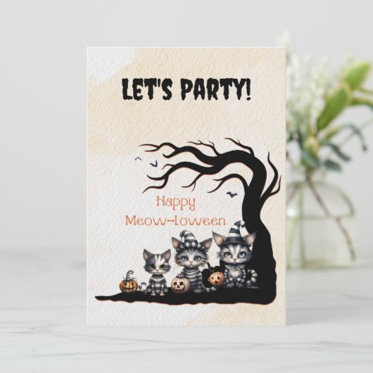 かわいい白黒ハロウィンストライプの幽霊猫 招待状 (スタンド正面)