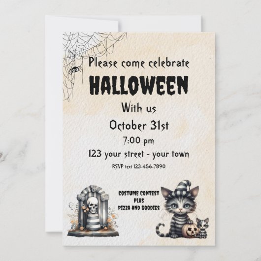 かわいい白黒ハロウィンストライプの幽霊猫 招待状 (裏面)