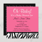 かわいい白黒ピンクゼブラプリント赤ちゃんシャワー 招待状 (正面/裏面)