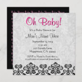 かわいい白黒ピンクハートダマスクベビーシャワー 招待状 (正面/裏面)