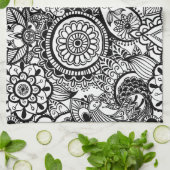 かわいい白黒フローラペイズリー キッチンタオル (折り畳み)