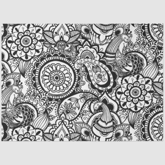 かわいい白黒フローラペイズリー 薄葉紙 (正面)