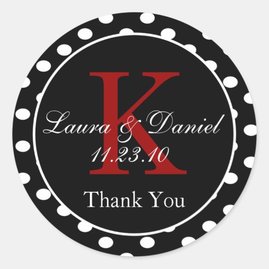 かわいい白黒レッド水玉模様モノグラム結婚ズ ラウンドシール (正面)