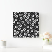 かわいい白黒花壁時計 スクエア壁時計 (ホーム)