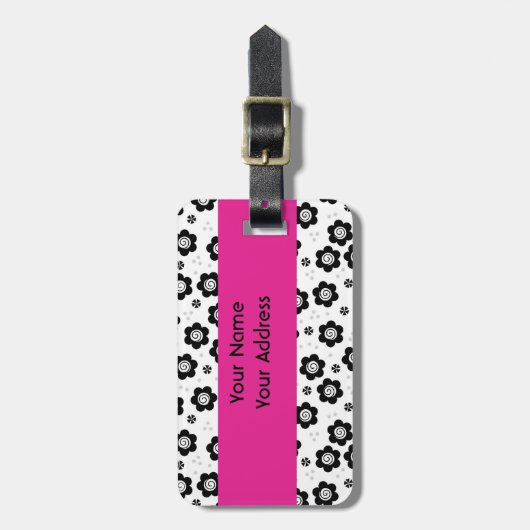 かわいい白黒花荷物札 ラゲッジタグ (正面縦)