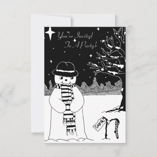 かわいい白黒雪だるまイラストレーションクリスマス 招待状 (正面)
