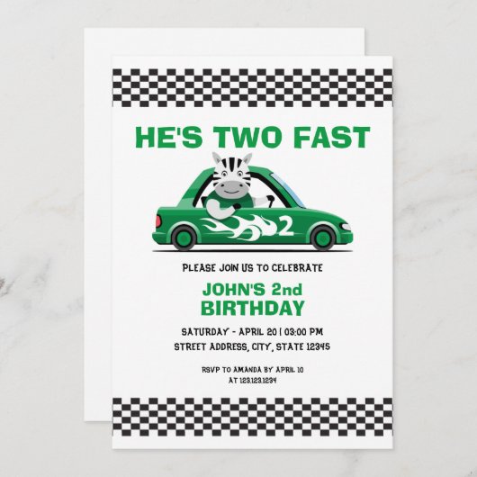 かわいい白&グリーンレースカー2速2番目の誕生日 招待状 (正面/裏面)
