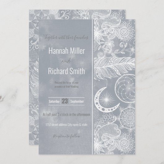 かわいい白&グレーのドリームキャッチャー羽毛曼荼羅 招待状 (正面/裏面)