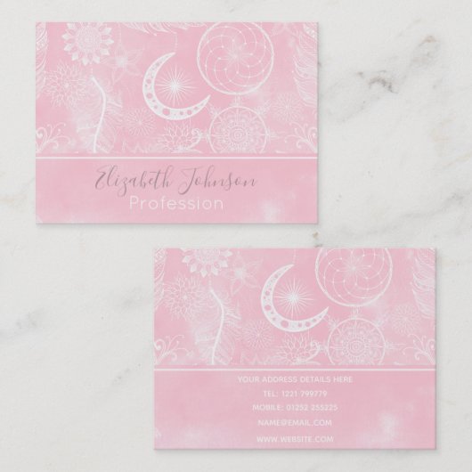 かわいい白&ピンクの夢捕手羽曼荼羅 名刺 (正面/裏面)