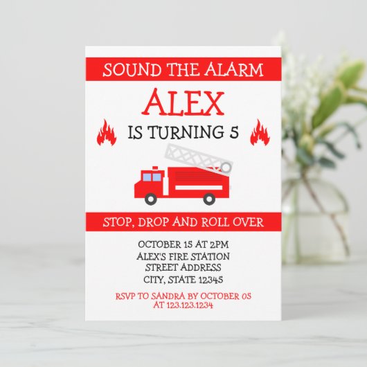 かわいい白&赤ベクターキッズファイアートラック誕生日 招待状 (スタンド正面)