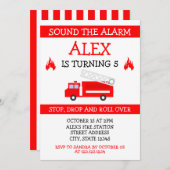 かわいい白&赤ベクターキッズファイアートラック誕生日 招待状 (正面/裏面)