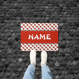 かわいい白&赤ラディバグパターン名前をカスタムする ドアマット