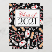 かわいい看護学校RNブラック卒業招待状 招待状 (正面/裏面)