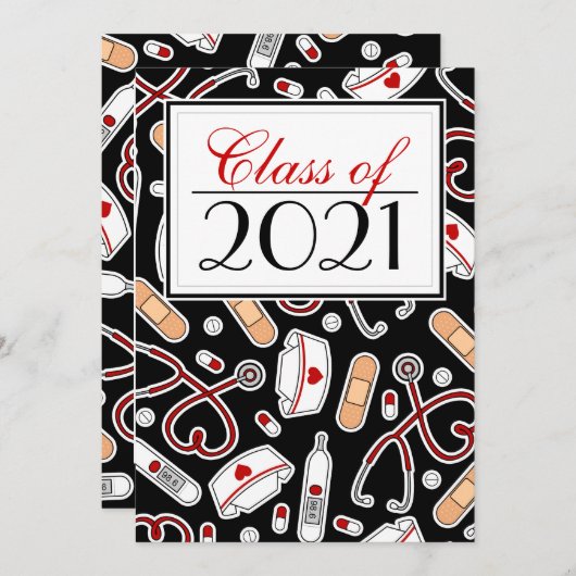 かわいい看護学校RNブラック卒業招待状 招待状 (正面/裏面)