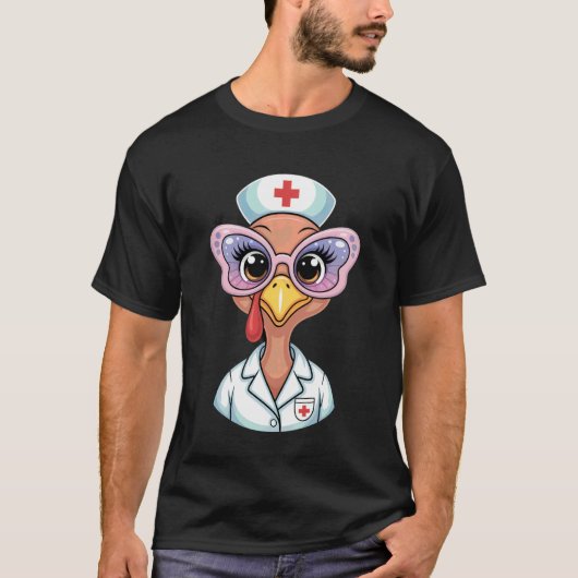 かわいい看護師七面鳥の顔サングラス蝶の秋H Tシャツ (正面)