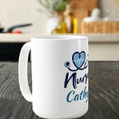 かわいい看護師人生のライン ブルーハート 名前入り コーヒーマグカップ