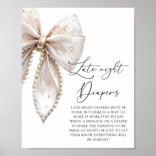 かわいい真珠の弓の深夜おむつ赤ちゃんシャワーゲーム ポスター (正面)
