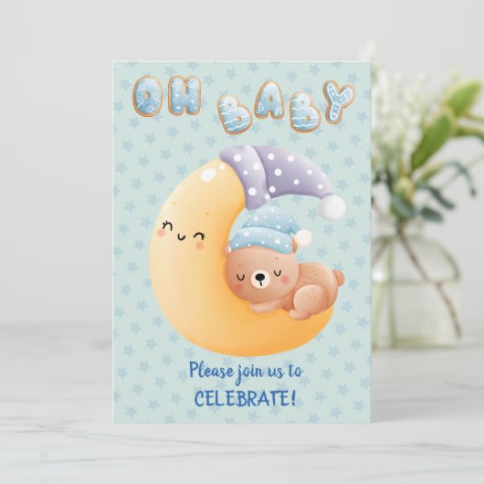 かわいい眠いクマonムーン男の赤ちゃんシャワー 招待状 (スタンド正面)