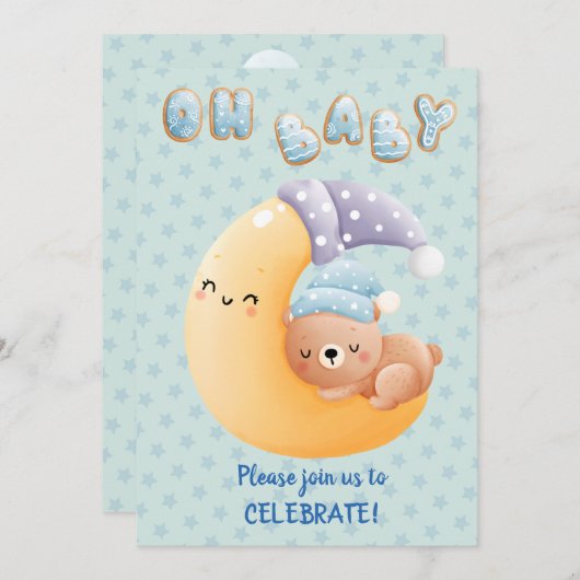 かわいい眠いクマonムーン男の赤ちゃんシャワー 招待状 (正面/裏面)