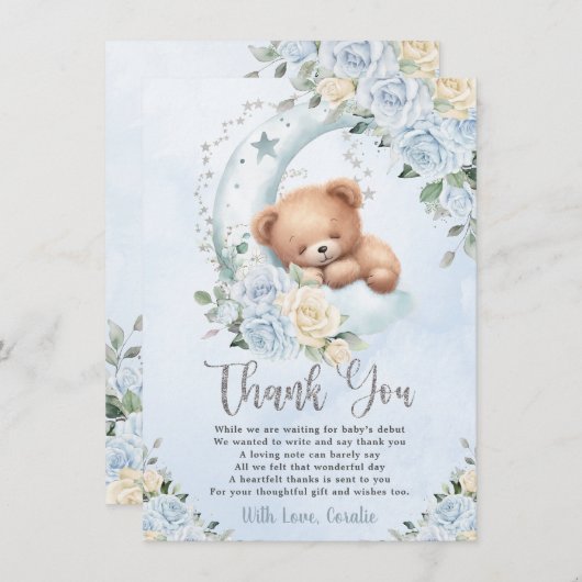 かわいい眠いテディベアーブルーフローラ少年ベイビーシャワー サンキューカード (正面/裏面)