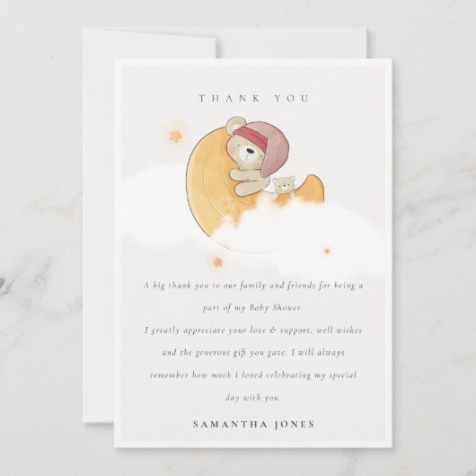かわいい眠いピンクベアーオーバームーンガール赤ちゃんシャワー サンキューカード (正面)