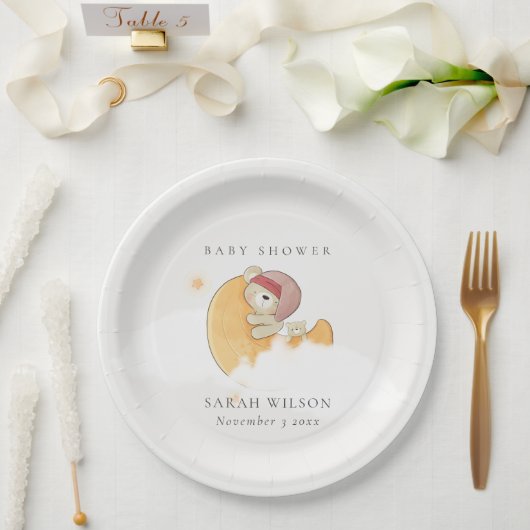 かわいい眠いピンクベアーオーバームーンガール赤ちゃんシャワー ペーパープレート (ウェディング)