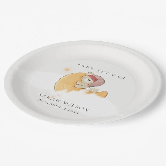 かわいい眠いピンクベアーオーバームーンガール赤ちゃんシャワー ペーパープレート (アングル)
