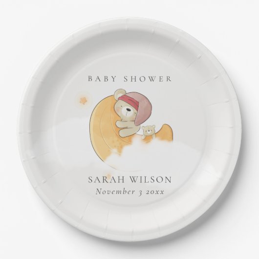 かわいい眠いピンクベアーオーバームーンガール赤ちゃんシャワー ペーパープレート (正面)