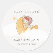 かわいい眠いピンクベアーオーバームーンガール赤ちゃんシャワー ラウンドシール (正面)