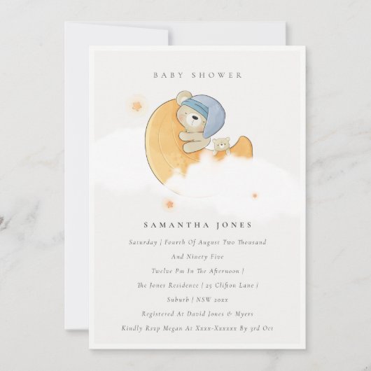 かわいい眠いベアーオーバームーンボーイベビーシャワー招待状 サンキューカード (正面)