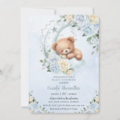 かわいい眠いベアームーンブルーフローラボーイベビーシャワー 招待状 (正面)