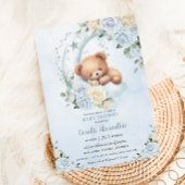 かわいい眠いベアームーンブルーフローラボーイベビーシャワー 招待状