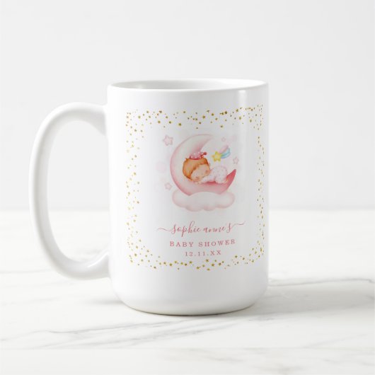 かわいい眠い女の子の月の上に金ゴールド赤ちゃんシャワー コーヒーマグカップ (左)