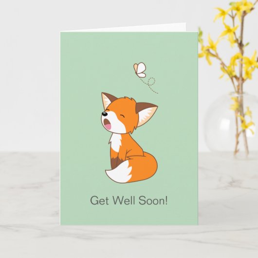 かわいい眠い小さなキツネが早く良くなる空白の カード (黄色い花)