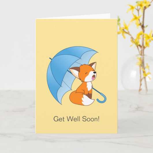 かわいい眠い小さなキツネ傘が早く良くなる カード (黄色い花)