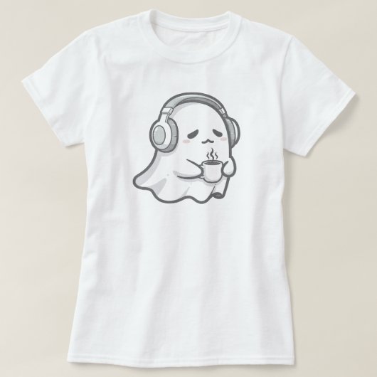 かわいい眠い幽霊とコーヒー | ホワイトのみ Tシャツ (デザイン正面)