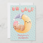 かわいい眠い熊オンムーンガール赤ちゃんシャワー 招待状 (正面)