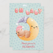 かわいい眠い熊オンムーンガール赤ちゃんシャワー 招待状 (正面/裏面)