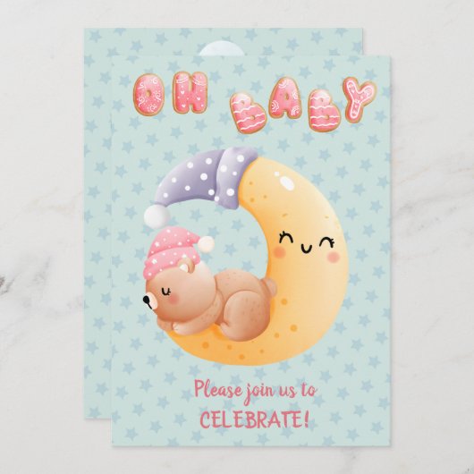 かわいい眠い熊オンムーンガール赤ちゃんシャワー 招待状 (正面/裏面)