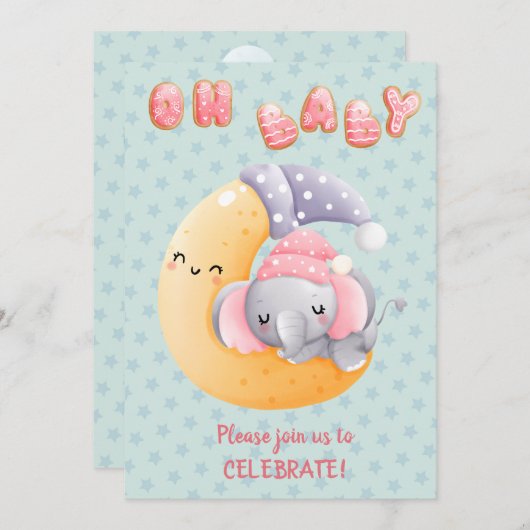 かわいい眠い象オンムーンガール赤ちゃんシャワー 招待状 (正面/裏面)