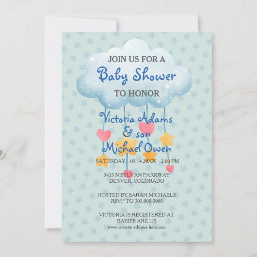 かわいい眠い象オンムーン男の赤ちゃんシャワー 招待状 (裏面)