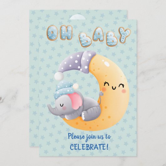 かわいい眠い象オンムーン男の赤ちゃんシャワー 招待状 (正面/裏面)