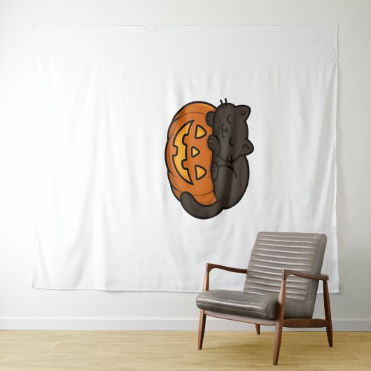 かわいい眠い黒猫のカボチャのハロウィンエッセン タペストリー (インサイチュ(横))